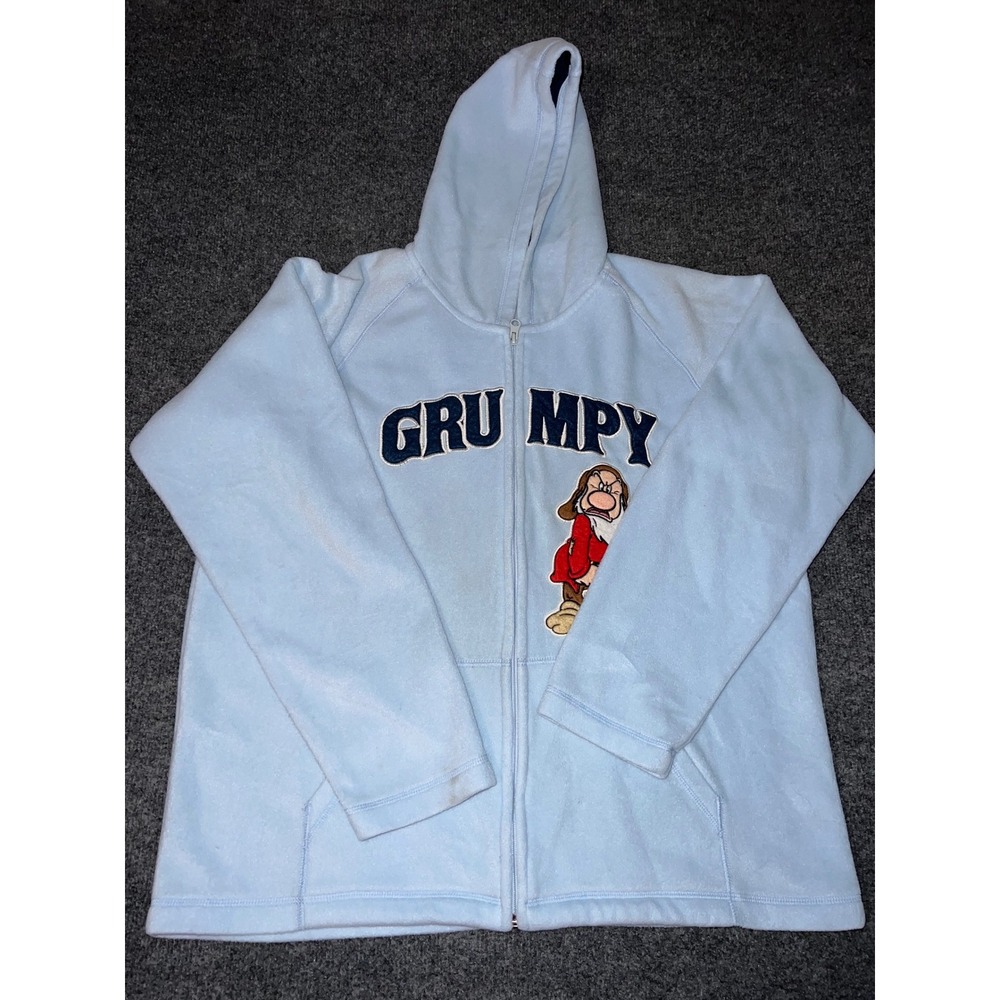 Vintage 90s Disney Grumpy Zip Up Hoodie Light Blue Fleece XL Embroidered